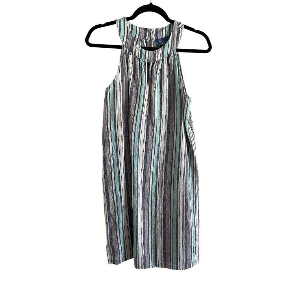 Antibes Blanc Women XS Striped Linen Coastal Keyhole Neck Sleeveless Shift Dress